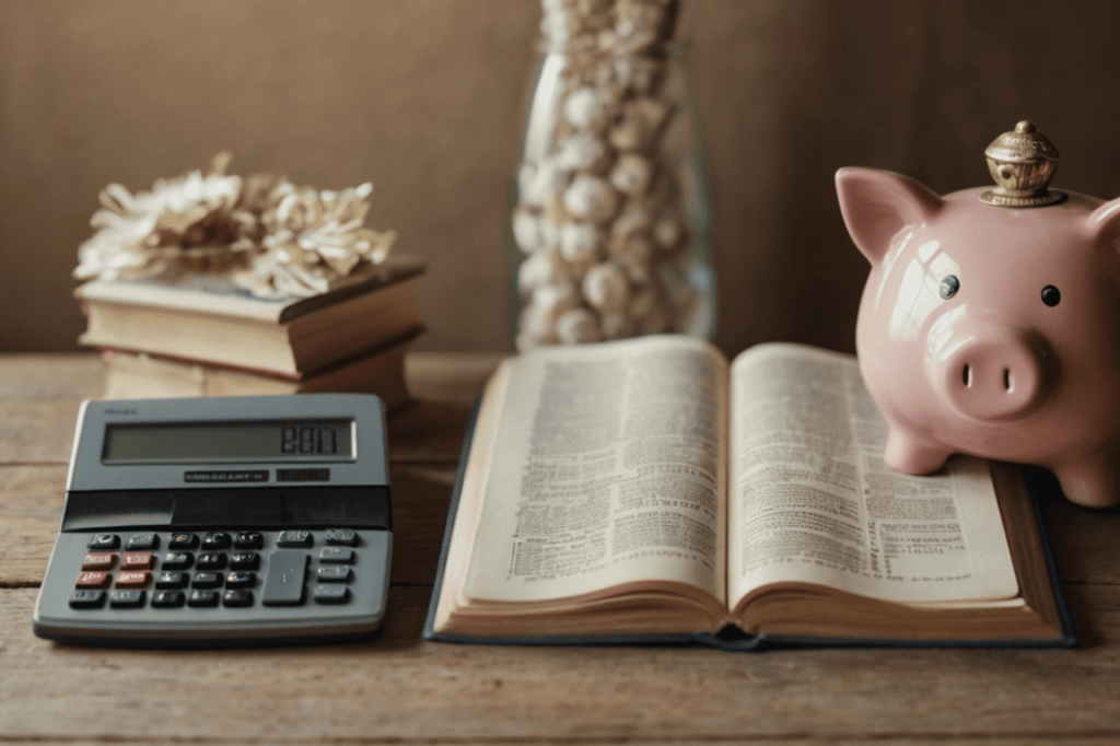 Cofrinho de porquinho em cima de uma Bíblia aberta, com calculadora ao lado, simbolizando poupança e finanças segundo a Bíblia.
