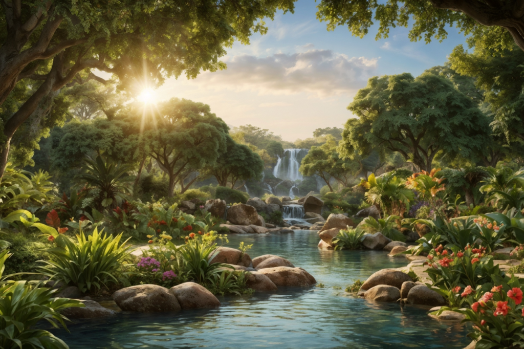 Jardim do Éden com rios e árvores, simbolizando o que a Bíblia diz sobre o trabalho.