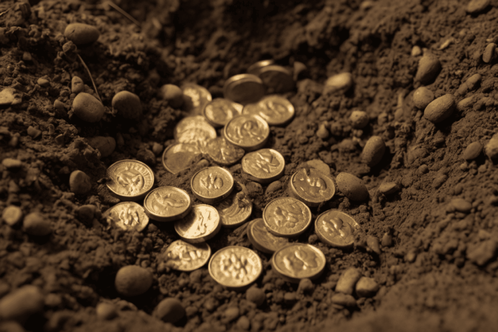 Moedas de ouro do tempo de Jesus sobre a terra, simbolizando o cuidado ao escolher onde guardar o dinheiro.