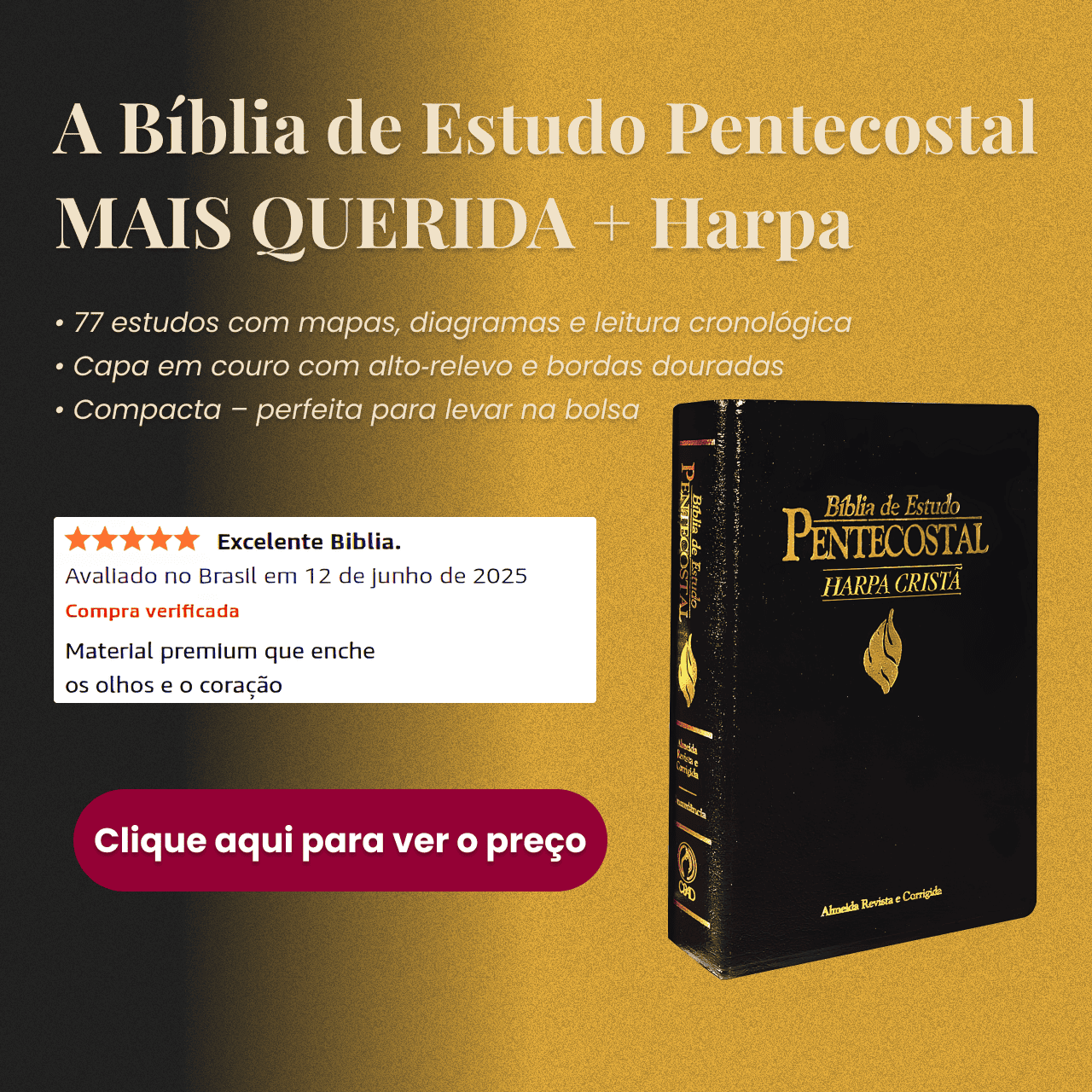 Bíblia de Estudo Pentecostal com Harpa, compacta e com capa em couro — 77 estudos, mapas e leitura cronológica